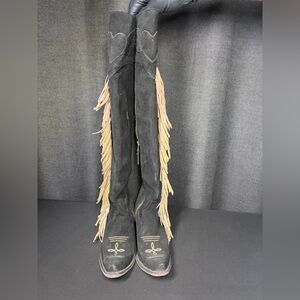 Elegant Black and Tan Fringe Over the Knee Boots